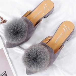Gray Pom Pom Mules